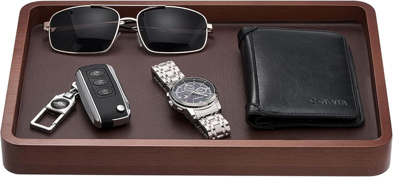 Procase Wooden Valet Tray for Men, Wood Catch-All EDC Organizer, Nightstand, Entryway Bedside Dump Holder, for Wallets, Keys, Watches, Phones, Loose Change, Trinkets -DarkBrown - Image 1